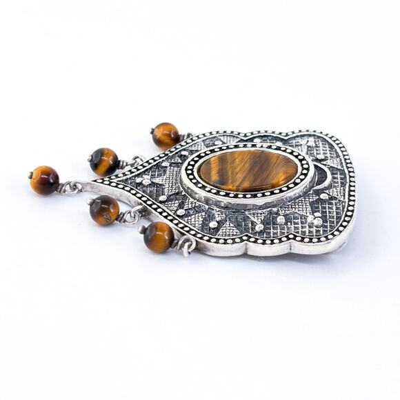 Vintage Sterling Silver 925 4.5cm Shield Shaped Tiger’s Eye Dangle Pendant - Picture 3 of 7